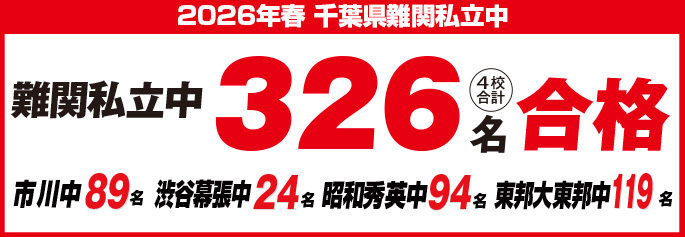2026年春、難関私立中に326名が名が合格。市川中89名 渋谷幕張中24名、昭和秀英中94名、東邦大東邦中119名